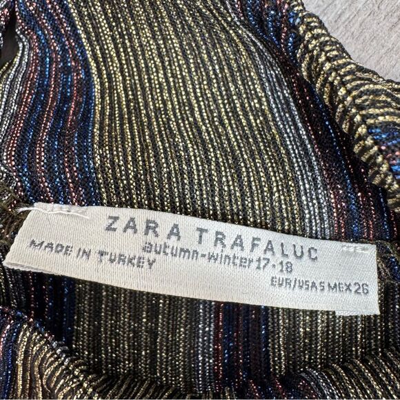 Zara Metallic Striped Crinkle Mock Neck Blouse Gold Multi Small - Picture 9 of 11